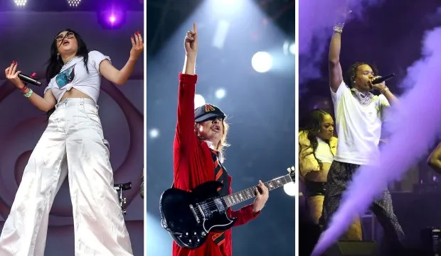 Charli XCX performs during Lollapalooza in Grant Park in 2017 (from left), Angus Young leads AC/DC at Wrigley Field in 2015 and Lil Baby performs at Lollapalooza in 2022. (Alexandra Wimley, Chris Sweda and Terrence Antonio James / Chicago Tribune)