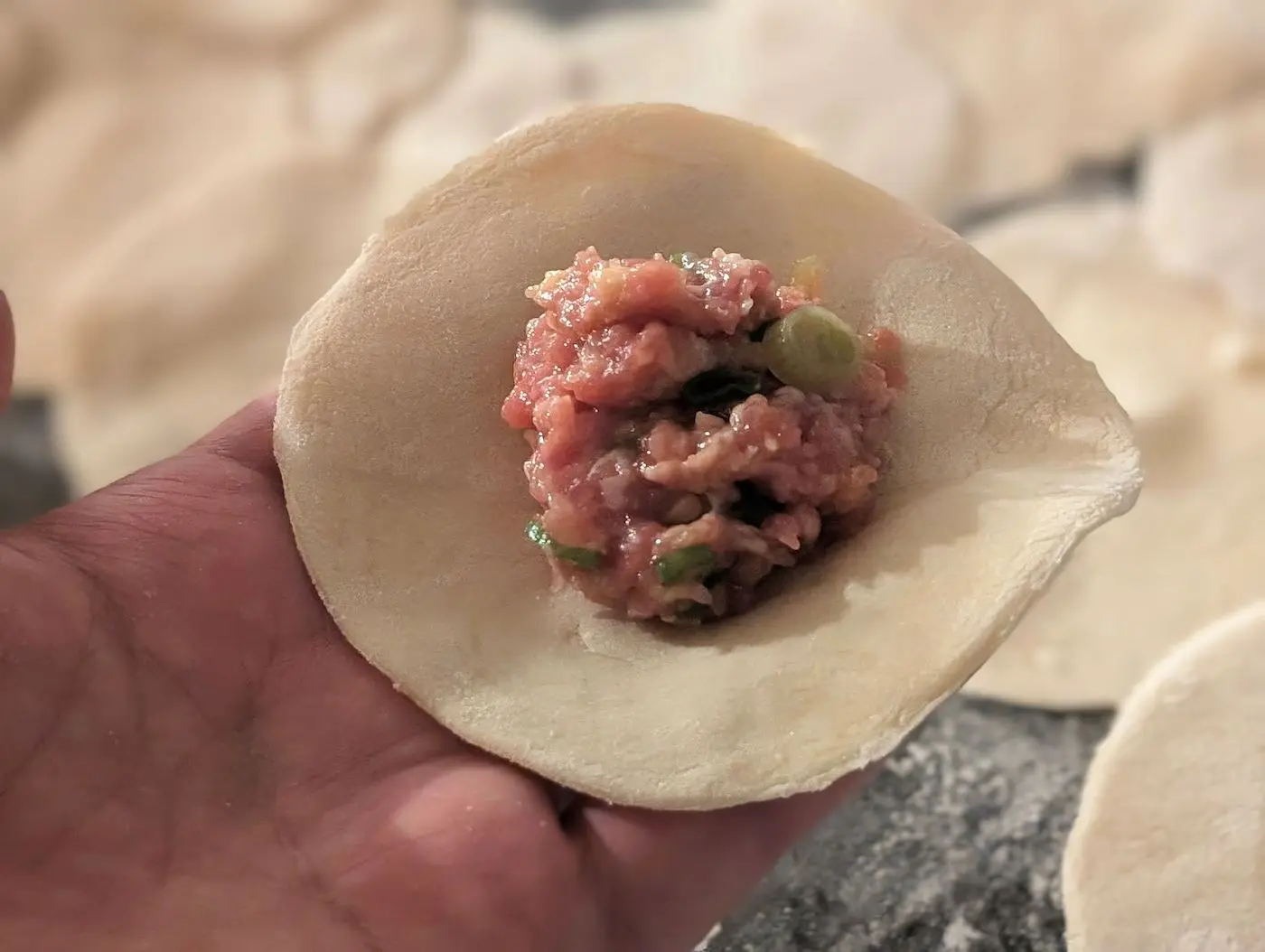 A hand holds a round dumpling wrapper with pork filling on top