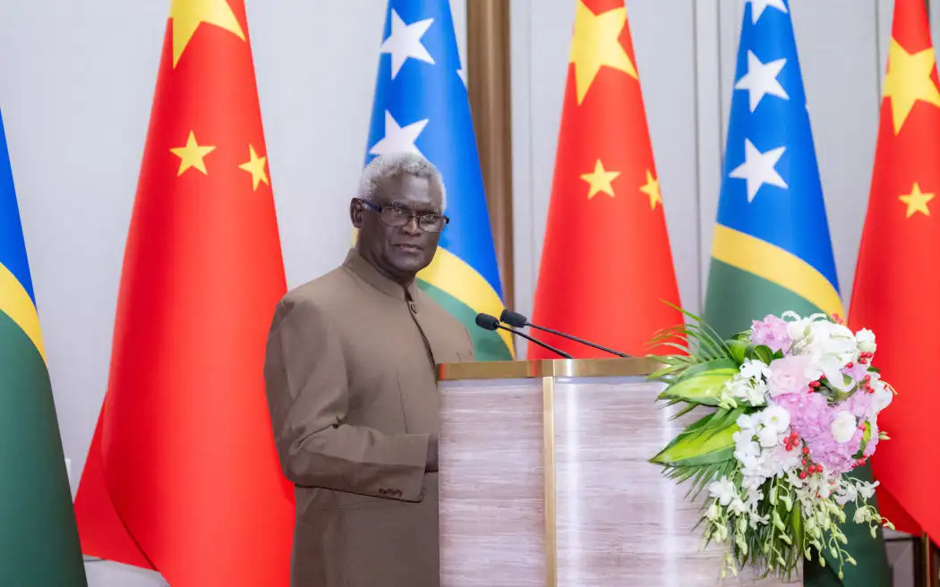 (230711) – BEIJING, July 11, 2023 (Xinhua) – Manasseh Sogavare, the prime minister of Solomon Islands, addresses the inauguration ceremony of Solomon Islands embassy in Beijing, capital of China, July 11, 2023. Sogavare and Wang Yi, a member of the Political Bureau of the Communist Party of China (CPC) Central Committee and director of the Office of the Foreign Affairs Commission of the CPC Central Committee, jointly unveiled the nameplate of the embassy. (Xinhua/Zhai Jianlan) (Photo by Zhai Jianlan / XINHUA / Xinhua via AFP)