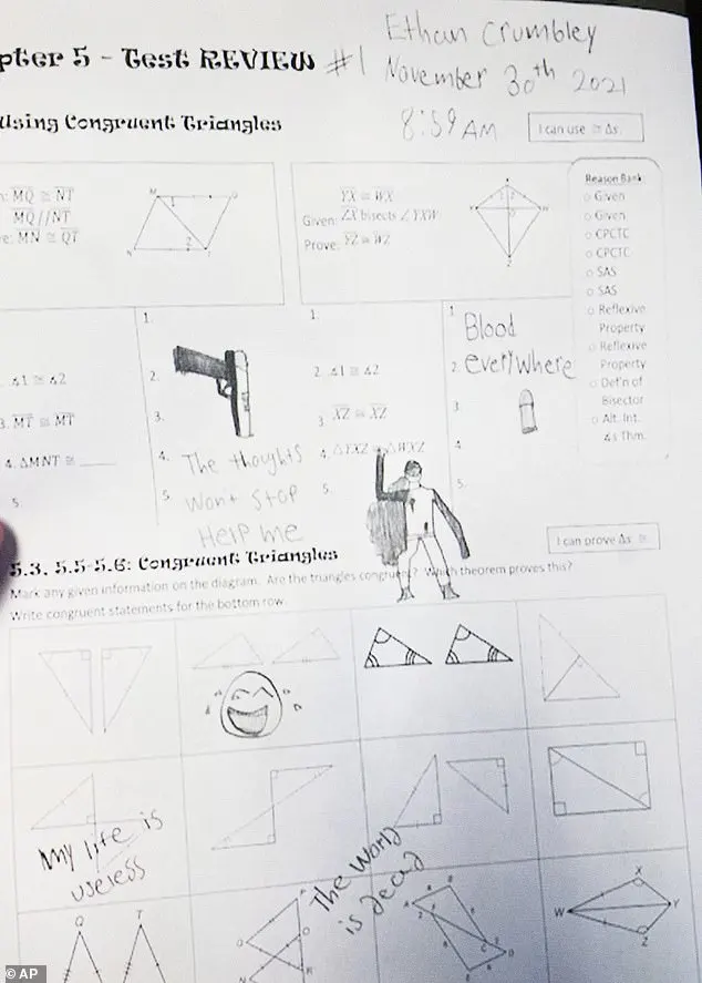 On a worksheet, Ethan drew a gun pointing down towards the words, 'the thoughts won't stop. Help me'. He also drew a figure lying dead with bullet wounds, and ammunition next to the words 'blood everywhere… my life is useless'.