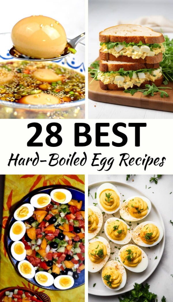 Collage of four hard boiled egg recipes.