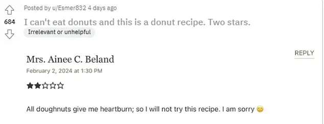 Some low-starred ratings include on donut recipes by people that said they don't actually like doughy treats at all