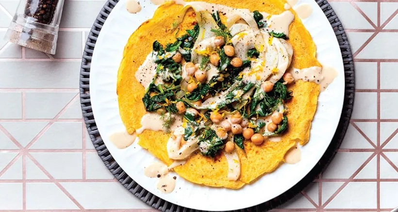 Socca Pancake with Spinach, Fennel & Tahini Dressing