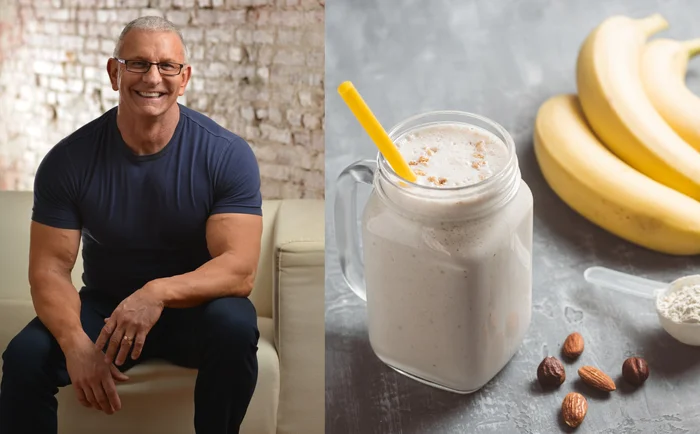 A split image showing Chef Robert Irvine next to an image of a protein shake in a glass jar with banana, peanut butter protein powder, and almonds.