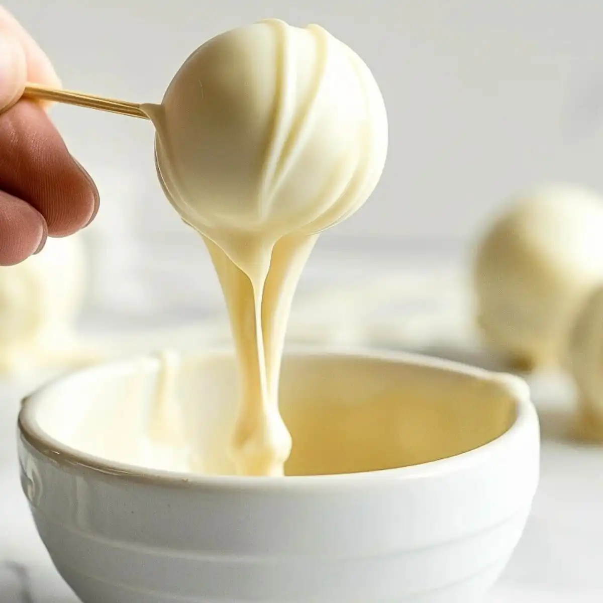 White chocolate truffle on stick dipped on a bowl of melted white chocolate.