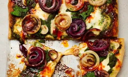 Yotam Ottolenghi’s kale, taleggio and hot honey pizza.