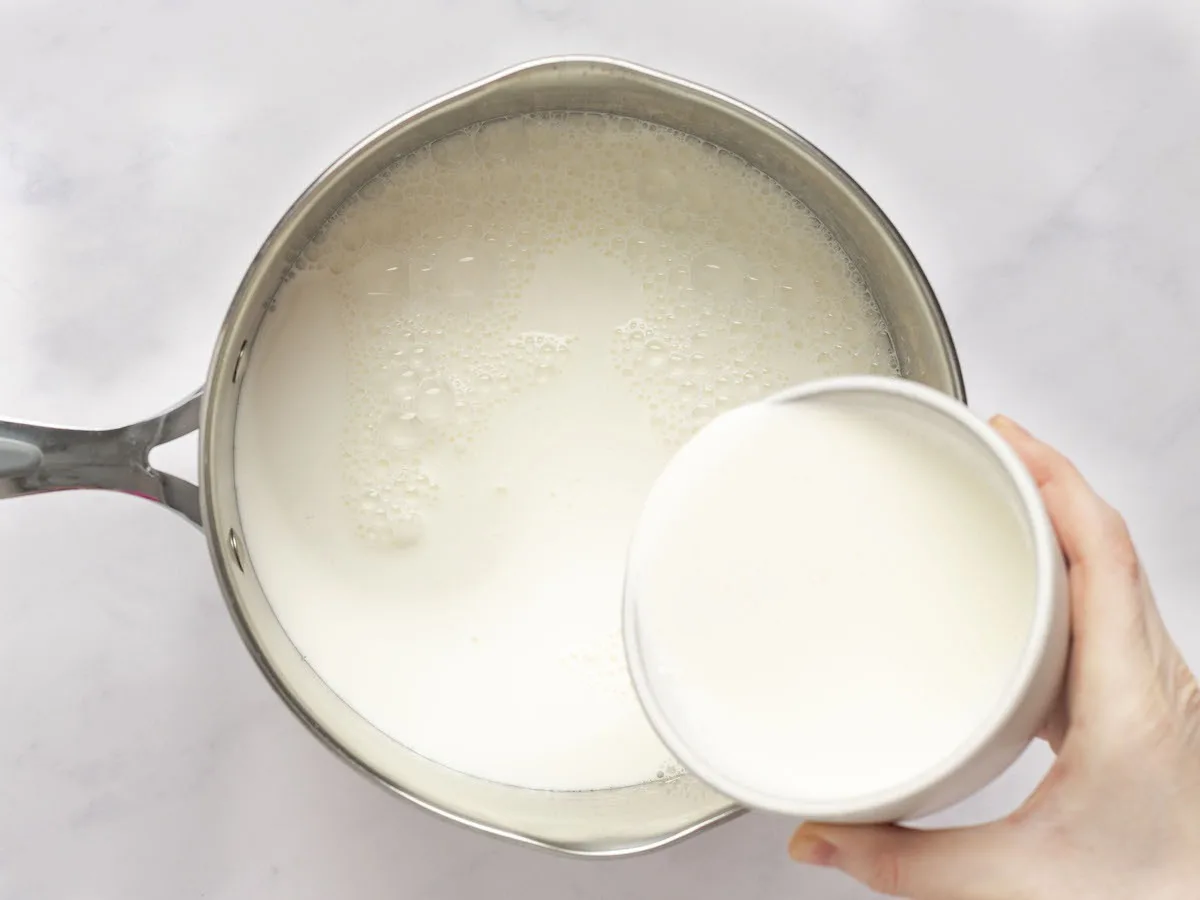 milk and cream poured into medium saucepan