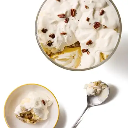 To finish, whip the cream to soft peaks, then fold in the soured cream, if using. Dollop this on the top layer of set custard, and finish with the peanuts or pecans, if using (crumbled cookies, a sprinkling of nutmeg or cinnamon, or a few extra pieces of banana tossed in lemon juice also work well as toppings).