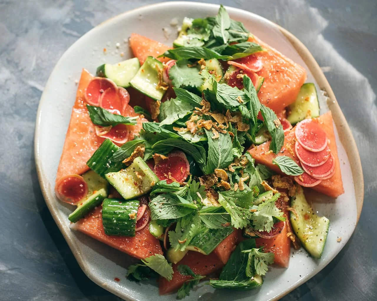 Watermelon and cucumber salad with fish sauce vinaigrette