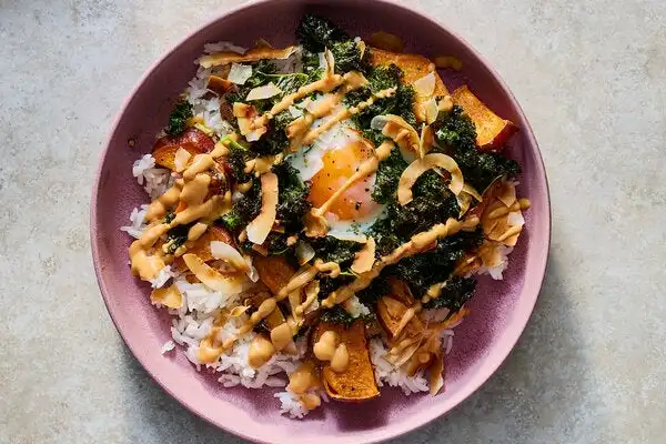 Roasted Kale and Sweet Potatoes With Eggs