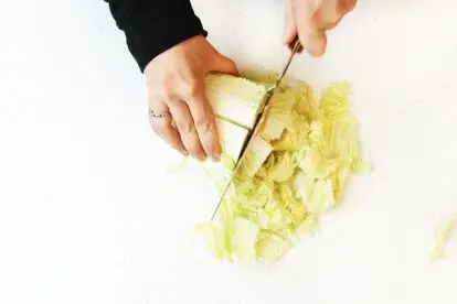 roughly chopping cabbage that has been torn into quarters