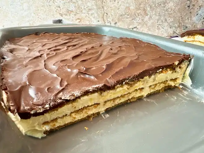 Chocolate eclair cake tastes fancy, but requires no baking and only 7 ingredients.