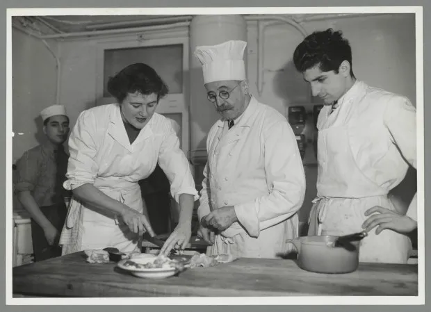 Julia Child and other chefs and students at Le Cordon Bleu. ca. 1950. (Paul Child / The Schlesinger Library, Harvard University)