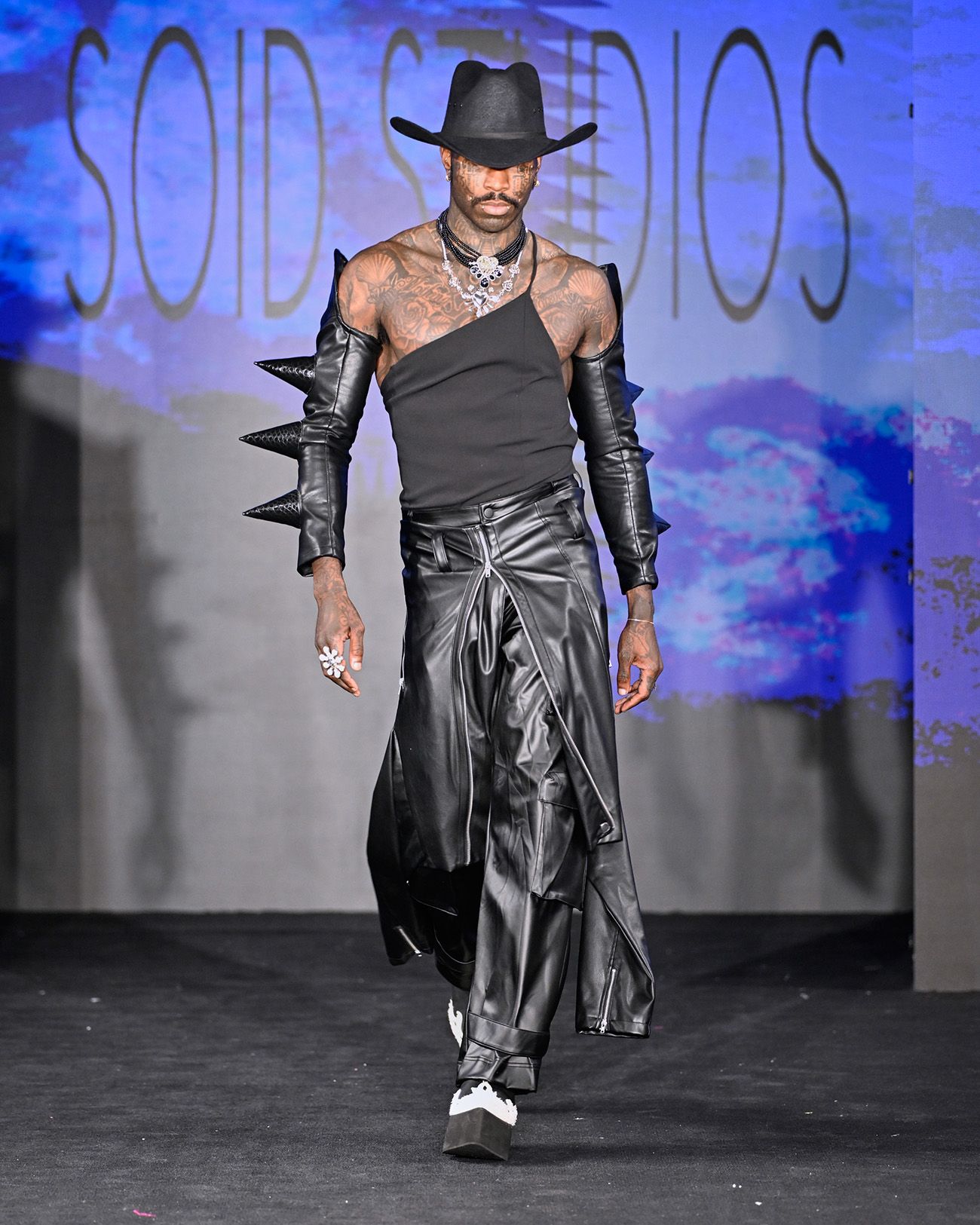 NEW YORK, NEW YORK - FEBRUARY 08: Yves Mathieu-East walks during the Soid Studios fashion show at New York Fashion Week Fall 2024 powered by Art Hearts Fashion at The Angel Orensanz Foundation on February 08, 2024 in New York City. (Photo by Arun Nevader/Getty Images for Art Hearts Fashion)