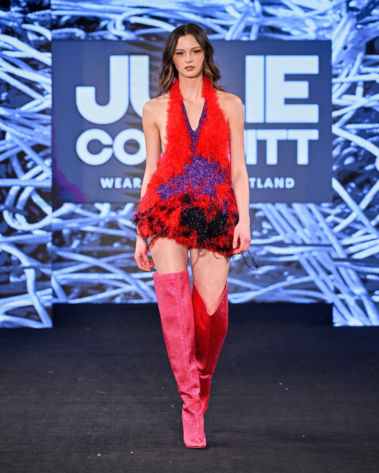 NEW YORK, NEW YORK - FEBRUARY 08: A model walks during the Julie Colquitt fashion show at New York Fashion Week Fall 2024 powered by Art Hearts Fashion at The Angel Orensanz Foundation on February 08, 2024 in New York City. (Photo by Arun Nevader/Getty Images for Art Hearts Fashion)