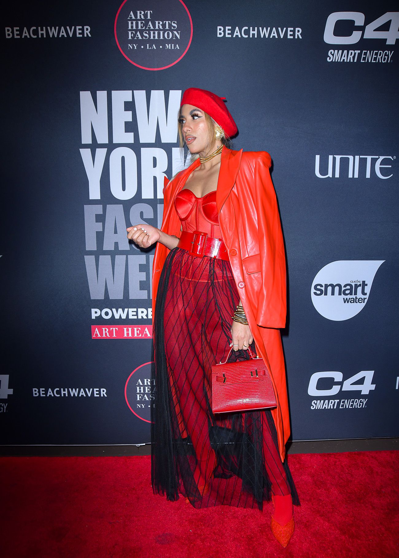 NEW YORK, NEW YORK - FEBRUARY 08: Lela Espinal arrives on the red carpet during New York Fashion Week Powered by Art Hearts Fashion at The Angel Orensanz Foundation on February 08, 2024 in New York City.  (Photo by Mark Gunter/Getty Images for Art Hearts Fashion)