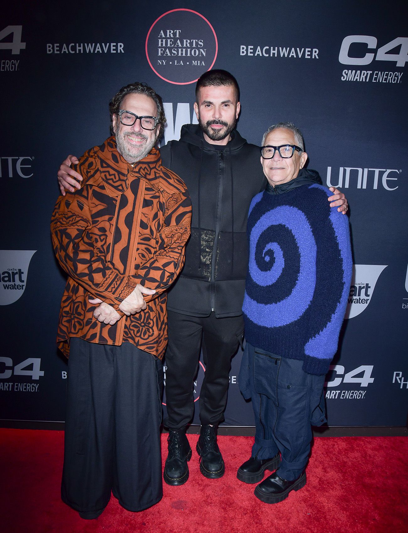 NEW YORK, NEW YORK - FEBRUARY 08: Jose Forteza Erik Rosete and Luis Sanchez arrives on the red carpet during New York Fashion Week Powered by Art Hearts Fashion at The Angel Orensanz Foundation on February 08, 2024 in New York City.  (Photo by Mark Gunter/Getty Images for Art Hearts Fashion)
