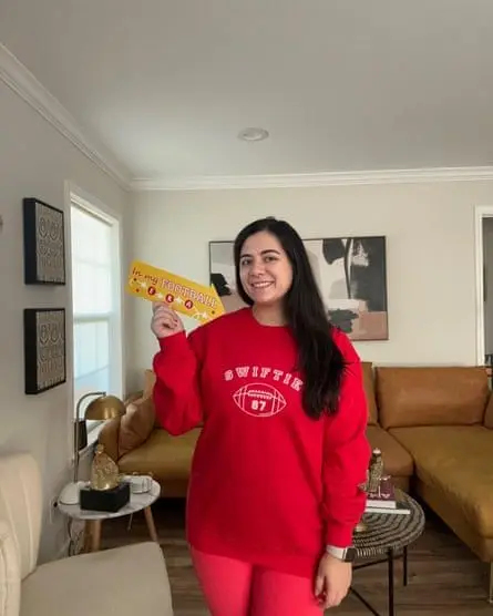 Alessandra Madrid in the Swiftie sweatshirt she bought on Etsy