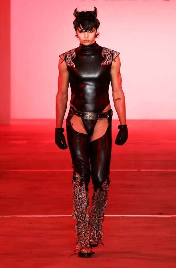 NEW YORK, NEW YORK - FEBRUARY 10: A model walks the runway at The Blonds fashion show at Starrett-Lehigh Building during New York Fashion Week on February 10, 2024 in New York City. (Photo by Arturo Holmes/Getty Images for NYFW: The Shows)