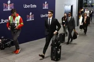 LAS VEGAS, NEVADA - FEBRUARY 11: Patrick Mahomes #15 of the Kansas City Chiefs arrives before Super Bowl LVIII at Allegiant Stadium on February 11, 2024 in Las Vegas, Nevada. (Photo by Tim Nwachukwu/Getty Images)