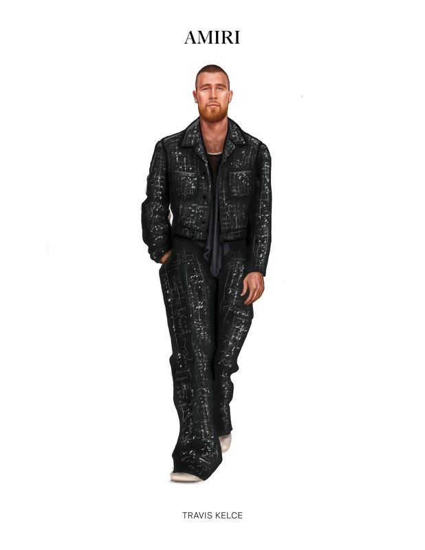 Travis Kelce wears Amiri outfit for the Super Bowl 2024, pregame fashion, sketch