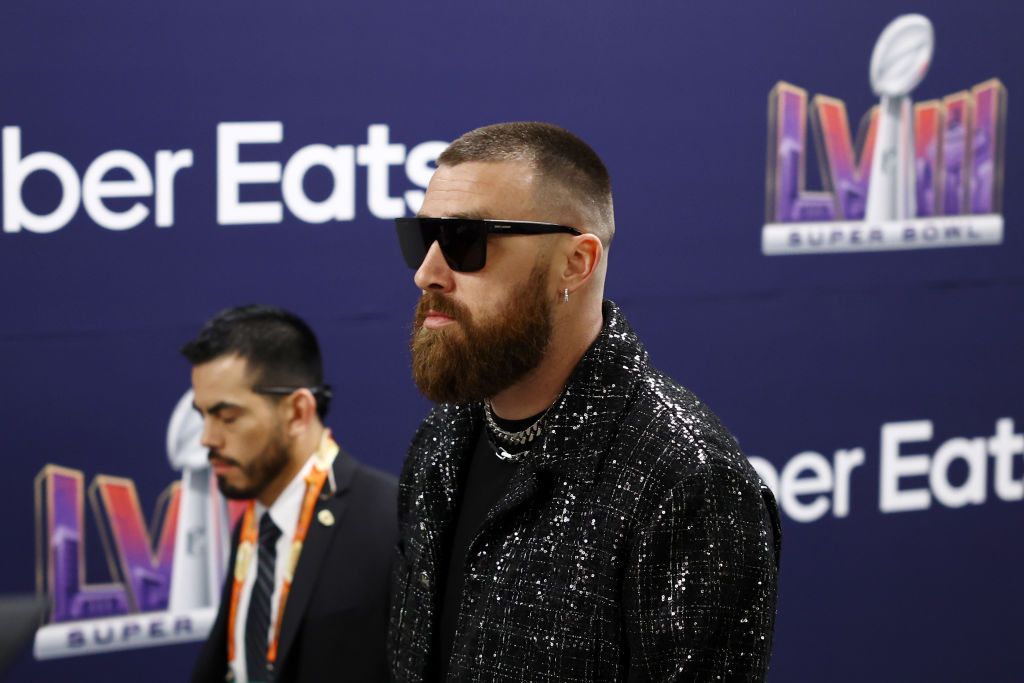 amiri pre-game outfit, LAS VEGAS, NEVADA - FEBRUARY 11: Travis Kelce #87 of the Kansas City Chiefs arrives before Super Bowl LVIII at Allegiant Stadium on February 11, 2024 in Las Vegas, Nevada. (Photo by Tim Nwachukwu/Getty Images)