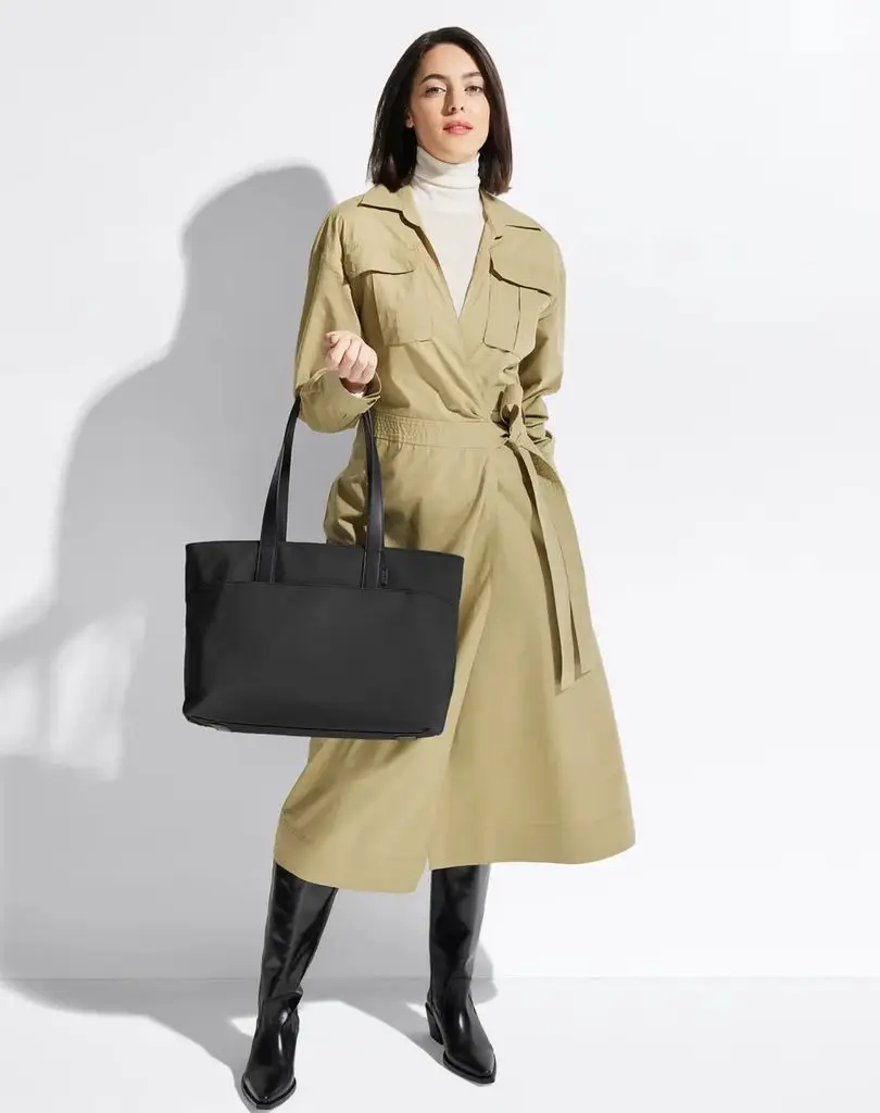Model wearing The Outside Tote- bookmark down to find out more about it