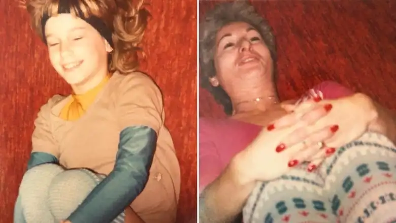 A collage of two images. A teenage girl on the left and a woman in 1980s fashion lie on the ground and hug their knees.