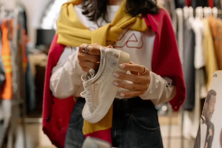 Woman holding a white, glittery sneaker in front of the camera, with a red and yellow sweater tied over her shoulders.