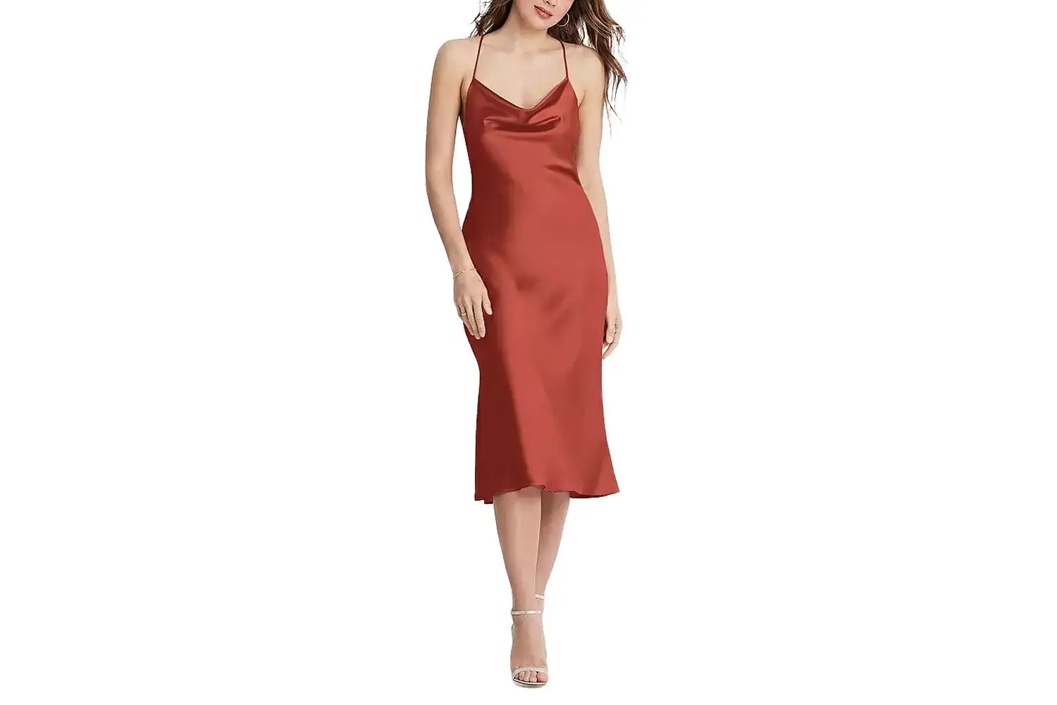 Woman wearing The Dessy Group Cowl-Neck Convertible Midi Slip Dress in amber sunset