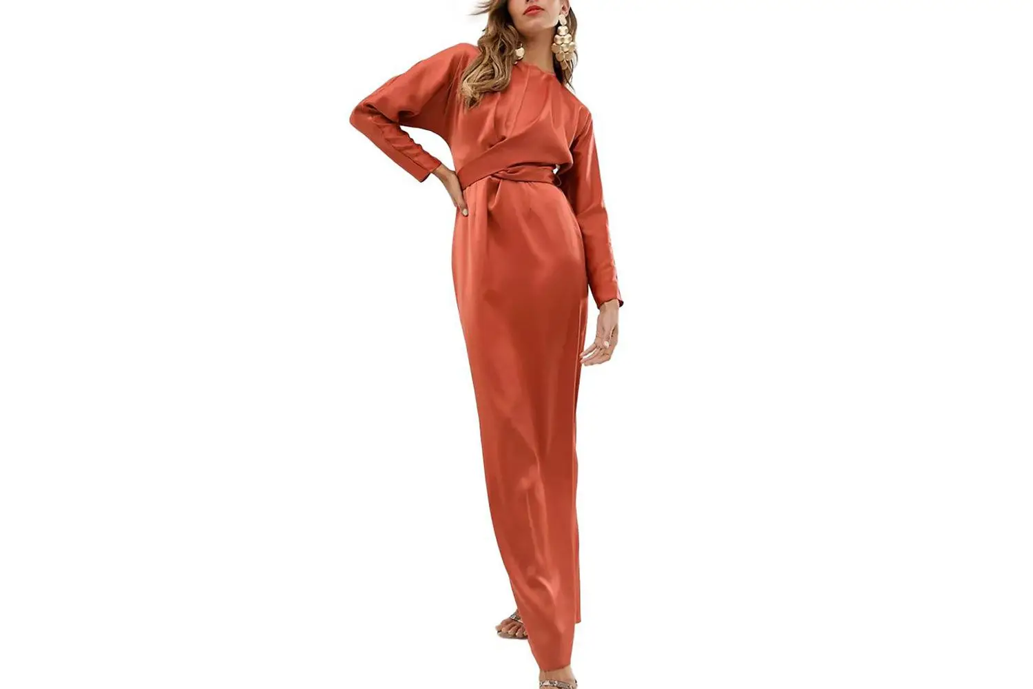 Woman wearing ASOS Maxi Dress with Batwing Sleeve in soft rust