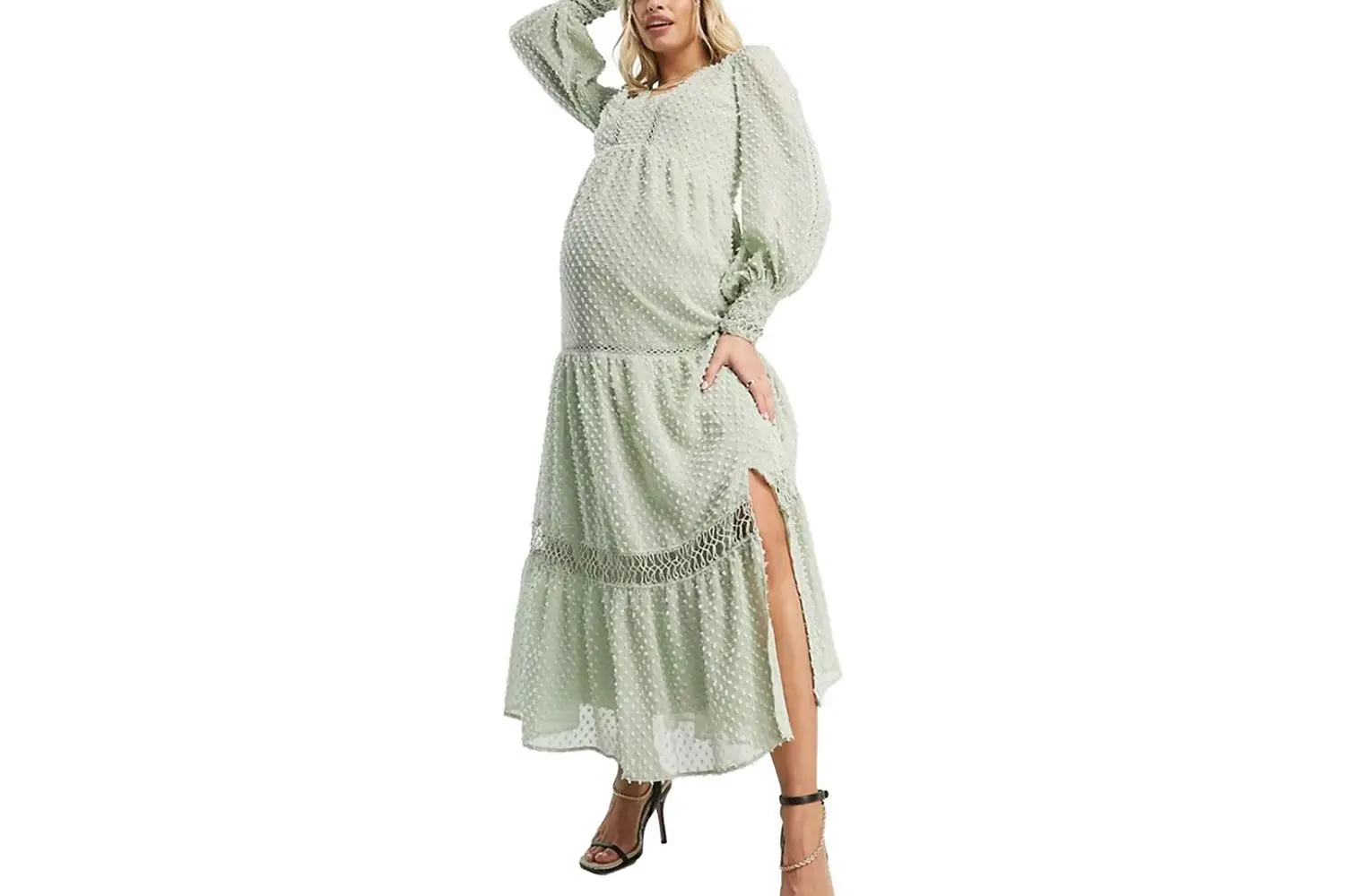 Woman wearing ASOS DESIGN Maternity Tufted Textured Lace Insert Maxi Dress in light sage