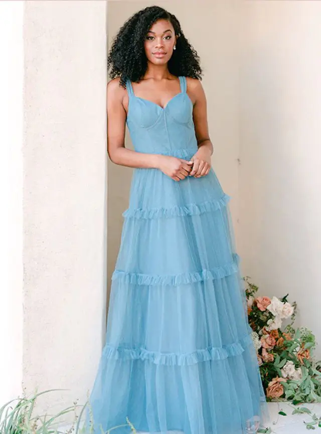 Woman wearing Sloane Tulle Dress in blue