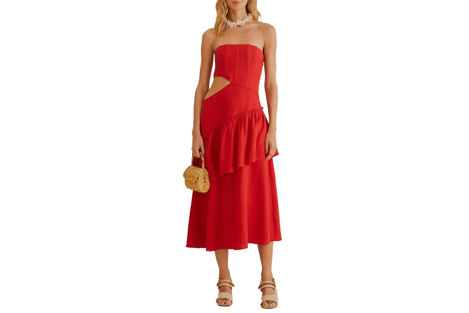 Farm Rio Red Cut Out Strapless Midi Dress