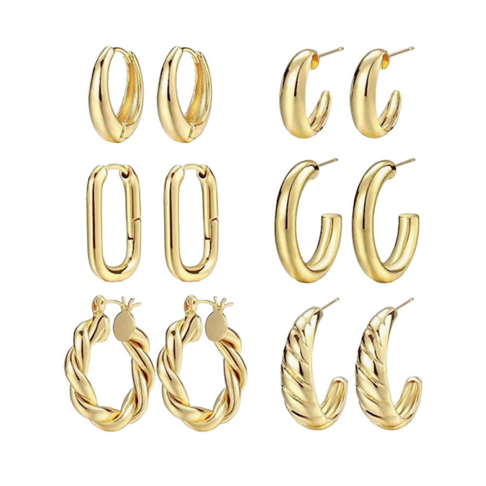 Gold Hoop Earrings Set for Women, 6 Pairs on White background