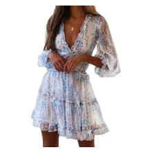 Product image of Dokotoo Women's Deep V-Neck Ruffle Long Sleeve Floral Print Mini Dress