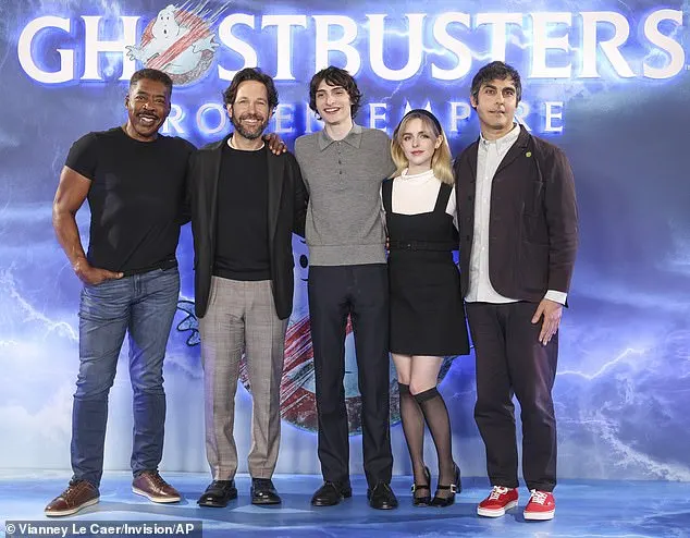 (L-R) Ernie Hudson, Paul Rudd, Finn Wolfhard, McKenna Grace and director Gil Kenan