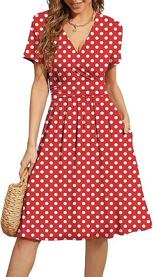 On a brilliant cherry red backdrop, polka dots add a pof classic style to your look