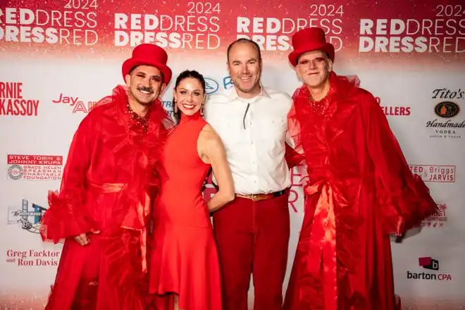 Mike Thompson, Brooke Sturdivant, David Sturdivant and Ron Brady attend the LGBTQ Community Center of the Desert's Red Dress/Dress Red Party in Palm Springs, Calif., on March 16, 2024.