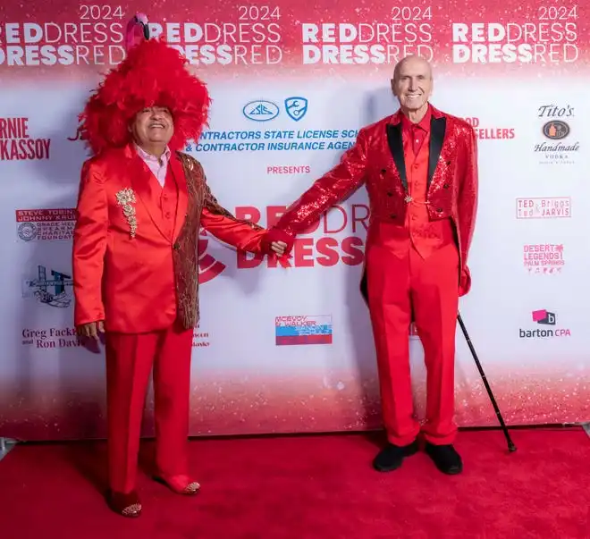 Presenting sponsors Arturo Carrillo and David Mizener pose at the LGBTQ Community Center of the Desert's Red Dress/Dress Red Party in Palm Springs, Calif., on March 16, 2024.