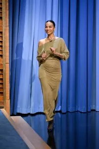 Actress Zoe Saldaña during an interview on Thursday, March 28, 2024, khaite dress, tonight show starring jimmy fallon