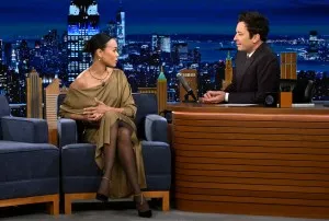 Actress Zoe Saldaña during an interview on Thursday, March 28, 2024, khaite dress, tonight show starring jimmy fallon