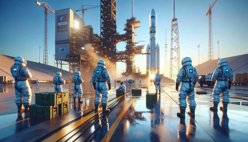 Generate a realistic, high-definition image of a private space exploration company successfully completing its pre-launch process with a wet dress rehearsal. The scene should showcase the rocket on the launch pad with engineers and ground crew in protective clothing performing final checks. Fuel and other preparations are preceding smoothly under a clear blue sky.