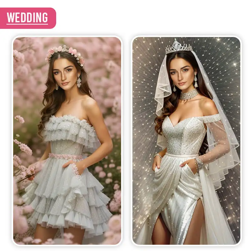 Change outfits virtually to try AI Wedding Dress Styles in YouCam Makeup