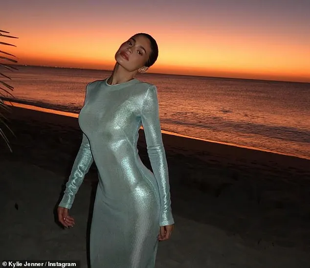 Kylie posed on the beach at sunset in the metallic dress with the ocean in the background