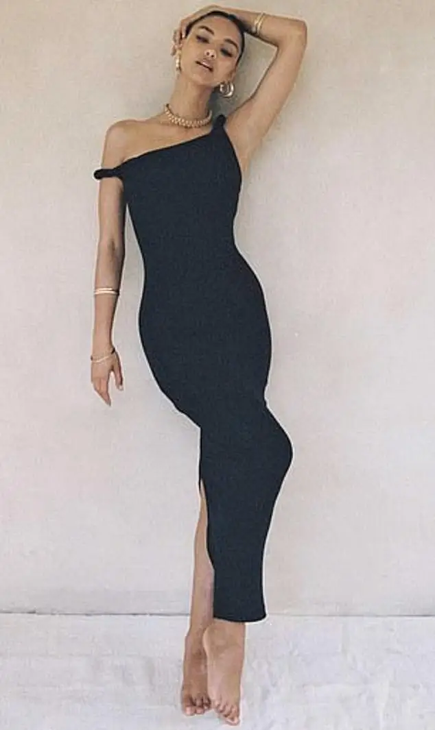 Johansen Bell insists that the twisted shoulder strap (seen here in a dress worn by a model for Johansen) is the signature mark of her clothing line and that Jenner knew this