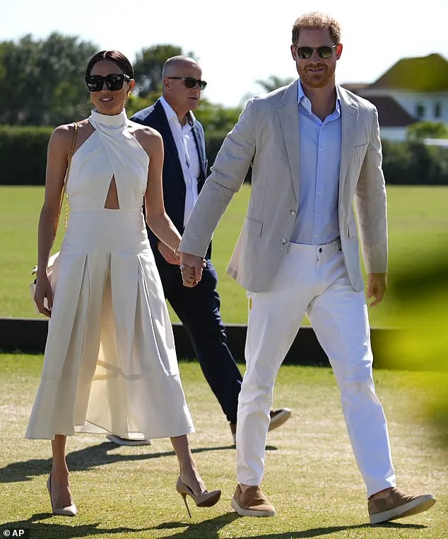 The Duchess of Sussex, 42, braved the grassy terrain in a pair of towering nude heels that left her at serious risk of sinking into the ground beneath her