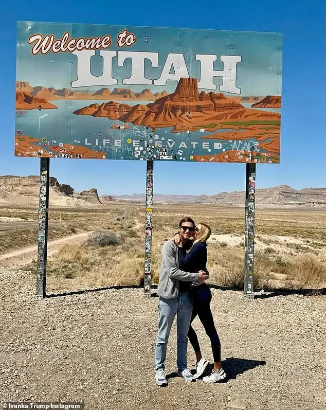 In another photo, Ivanka can be seen enjoying a romantic kiss with her husband Kushner as she sported an all-black ensemble paired with white sneakers under the 'Welcome to Utah' sign