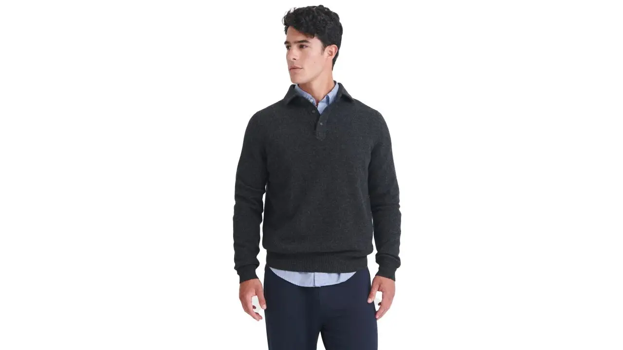 Man wearing Naadam cashmere polo in smoke color