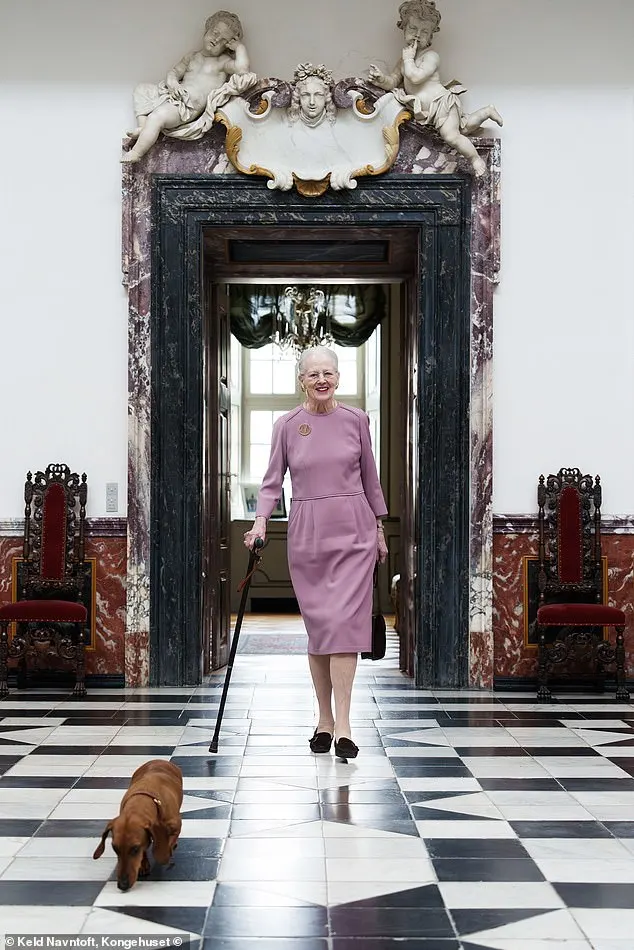 The second snap shows the former monarch walking along the monochrome tiled floor at Fredensborg Castle, alongside her sausage dog Tilia